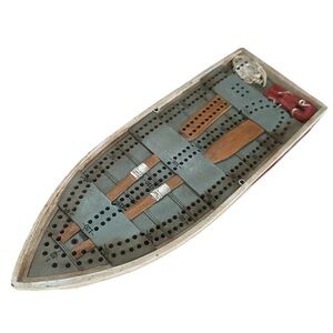 OUTSIDE INSIDE Hand Painted Resin Boat Shaped Crib Cribbage Board Game 6 pegs